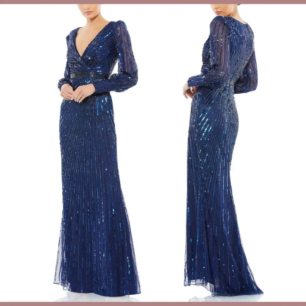 NWT $598 Mac Duggal [ 12 ]‎ 5501 Sequined Wrap Over Bishop Sleeve Gown Blue - Picture 2 of 16